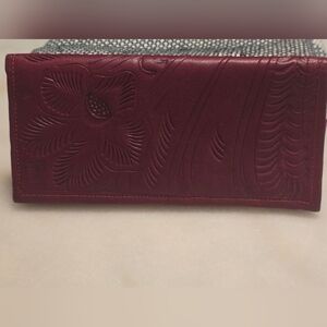JL Salvador Embossed Leather Wallet Burgundy Floral Tooled Design